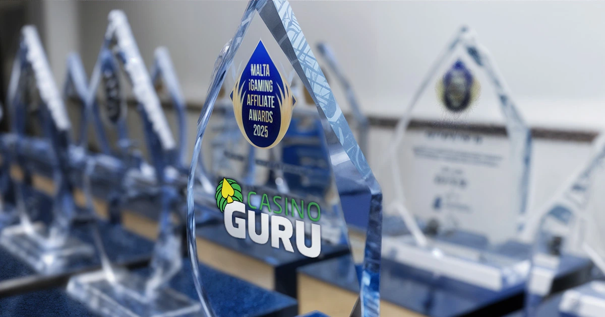 Casino Guru trophy with “Malta iGaming Affiliate Awards 2025” engraving, symbolizing the company’s triple win at the prestigious affiliate event.