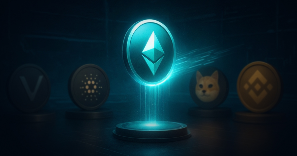 Concept image showing cryptocurrency symbols in a digital environment