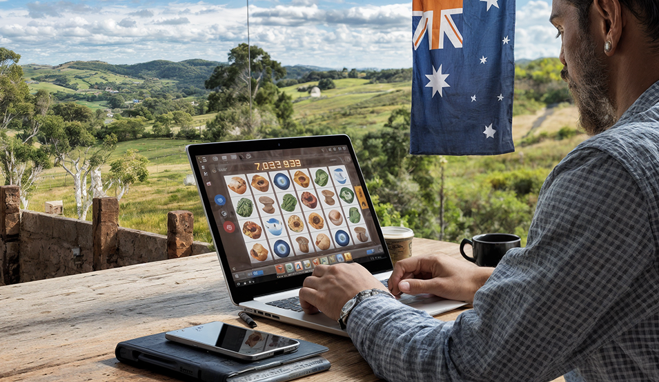 Person using a laptop with online casino games displayed, Australian flag in the background